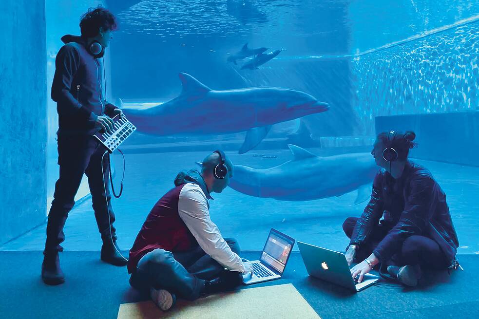Die Kunstresidenz „Stellare in the Sea“ im Rahmen von Zones Portuaires 2021 – Atlas of Mediterranean Liquidity. Im Aquarium der Stadt Genua sammeln die Klangkünstler*innen Audiomaterial vom Wasser und den Delfinen, um dieses in neuen Kompositionen zu verarbeiten.