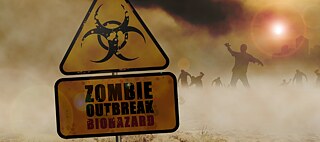 Warnschild vor einer Zombieausbruchszone mit Zombies im Hintergrund