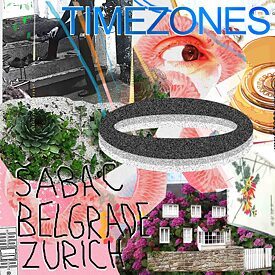 The cover is a collage of shapes, objects and elements from nature and art. The composition seems abstract and surreal; the word Timezones can be seen in large yellow glowing letters at the top centre of the picture.
