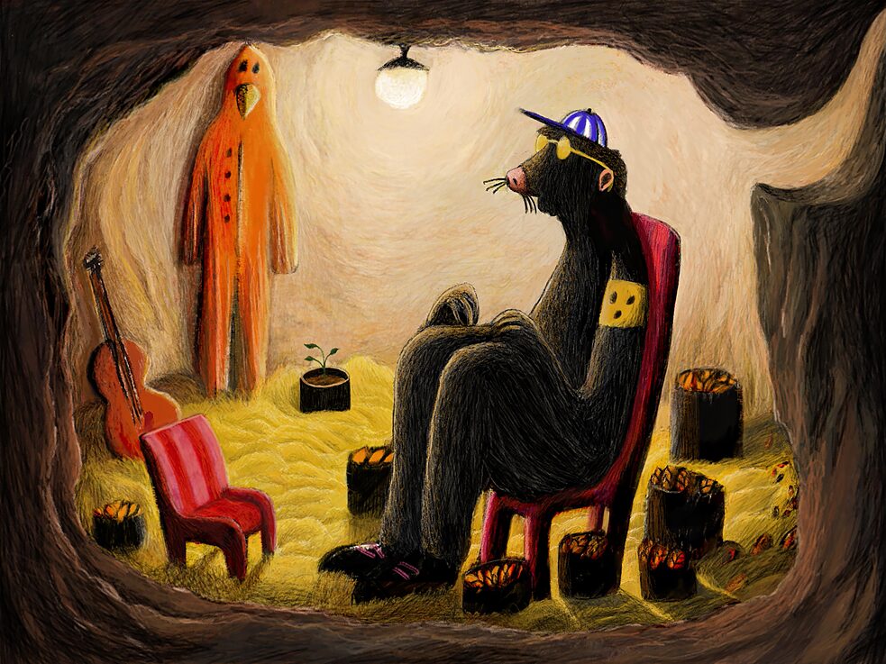 Das Bild zeigt die Wohnung eines Maulwurfs. Dieser sitzt auf einem Stuhl.