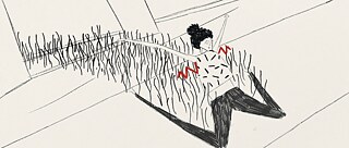 Kollarını havaya kaldırmış diz çökmüş bir kızın karakalem çizimi. Onu saç teline benzeyen siyah çizgiler takip ediyor.