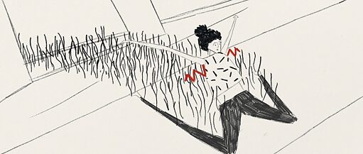 Kollarını havaya kaldırmış diz çökmüş bir kızın karakalem çizimi. Onu saç teline benzeyen siyah çizgiler takip ediyor.