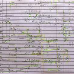 Feuille d'esquisse pour "Bellygoat Boom", composition pour orchestre. 