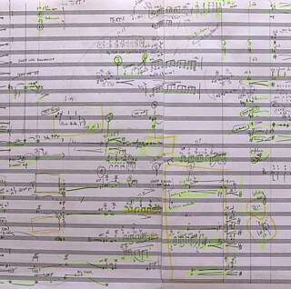 Feuille d'esquisse pour "Bellygoat Boom", composition pour orchestre. 