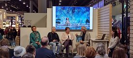 Simona Ceccarelli, Uwe-Michael Gutzschhahn, Katharina Ebinger und Nicola Bardola bei der Präsentation vom 19. Oktober bei der Frankfurter Buchmesse