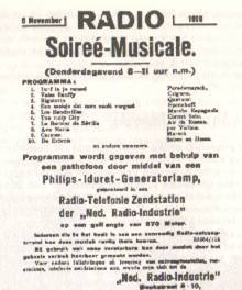 Zeitungsanzeige von 1919, in der die Radio Soireé-Musicale von Hanso à Steringa Idzerda angekündigt wird.