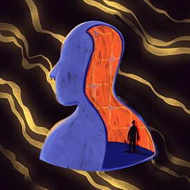 Фігура чоловіка, яка стає об'ємною і в ній є ще один темний чоловік, що кудись іде