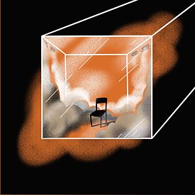 Кімната зі скла, у якій стоїть порожній стілець. Навколо темне повітря, небо з хмарами