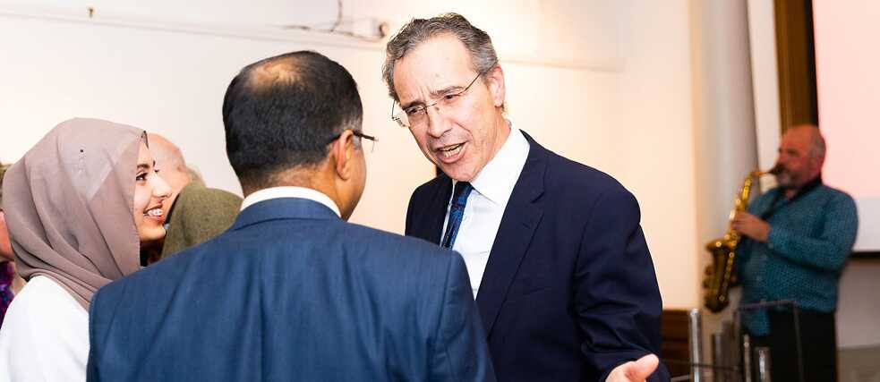 Reception on 25.10.23: Syed Zahid Raza, Consul General of Pakistan in Glasgow; Miguel Berger, Ambassador of Germany to the UK in conversation; Raymond MacDonald, saxophonist and composer is visible in the background