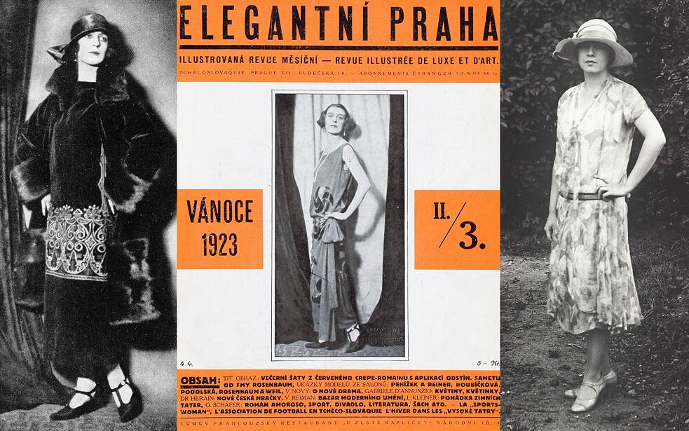Prager Mode zu Kafkas Zeit: Der tschechische Schneidermeister Oldřich Rosenbaum betrieb in Prag ab den Zwanzigerjahren den Modesalon Rosenbaum. 1938 musste er in die USA emigrieren, wo er in New York City so erfolgreich wurde wie in Prag: Zu seinen Kunden zählte der US-Präsident Harry Truman. Links: Hedvika Mayerová, die Schwester von Oldřich Rosenbaum, im Nachmittagsset 1923, Mitte: Hedvika Mayerová im Abendkleid 1923, rechts: Marie Tilleová ca. 1927