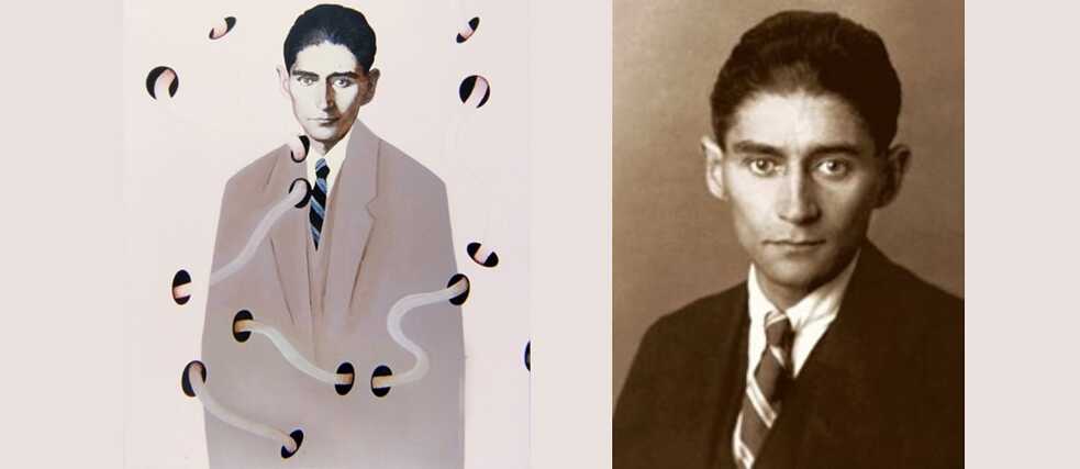 Das Bild: "Franz Kafkas fiktionale Logik" (links) und Berliner Porträt, Kafka 40 Jahre alt (rechts).