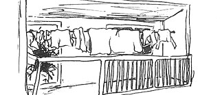 Illustration is showing a balcony full of clothes and a broken window. 
