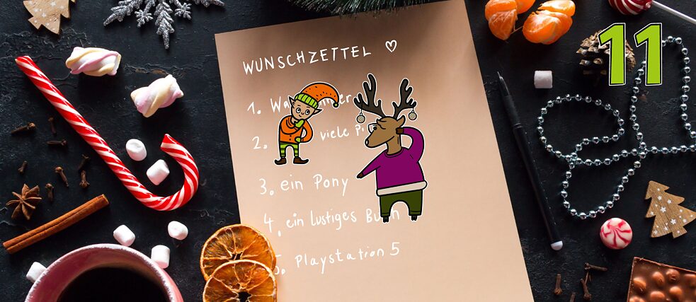 Rentier Matilda und Wichtel Karl betrachten einen Wunschzettel 