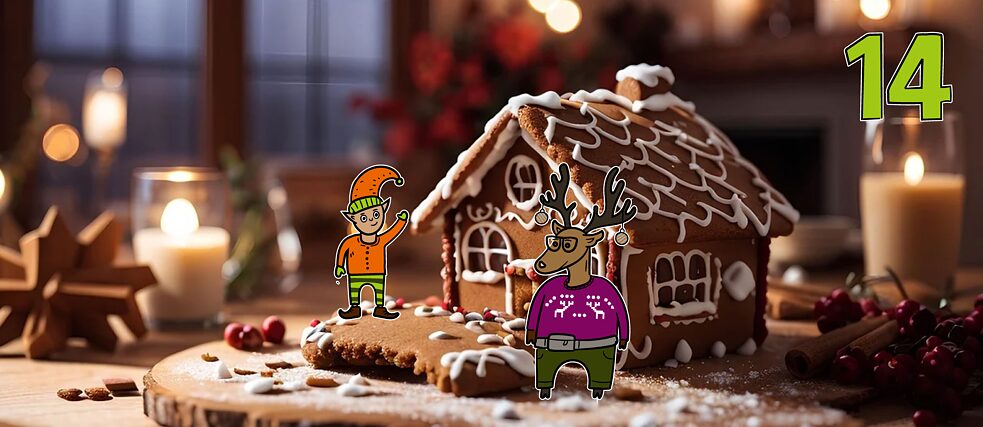 Rentier Matilda und Wichtel Karl stehen vor einem Lebkuchenhaus