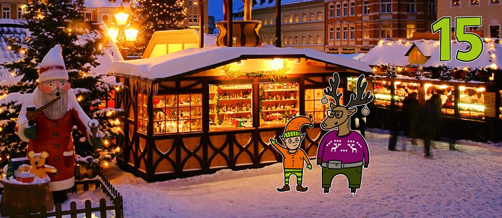 Rentier Matilda und Wichtel Karl besuchen einen Weihnachtsmarkt mit hell beleuchteten Ständen