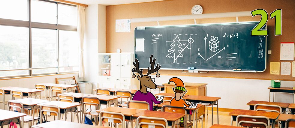 Rentier Matilda und Wichtel Karl sitzen in einem Klassenzimmer und schreiben eine Prüfung