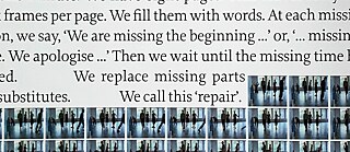 Detail of a video artwork in blue and white with text against a wallpaper-like background of celluloid film frames with tiny dance forms