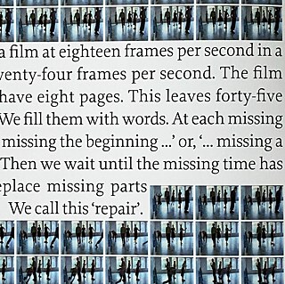 Detail from video art work with text against a wallpaper-like background composed of film frames