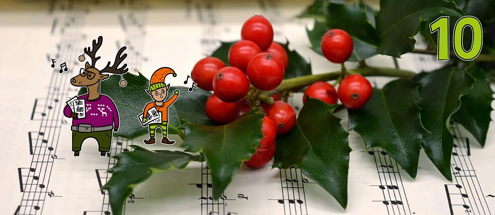 Rentier Matilda und Wichtel Karl singen, sie stehen auf einem Notenblatt