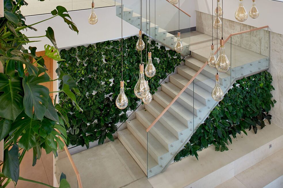 Iekšpusē iekoptā zaļo augu siena, kas kalpo kā bioloģiskie filtri, mitrinot un uzlabojot gaisa kvalitāti. 