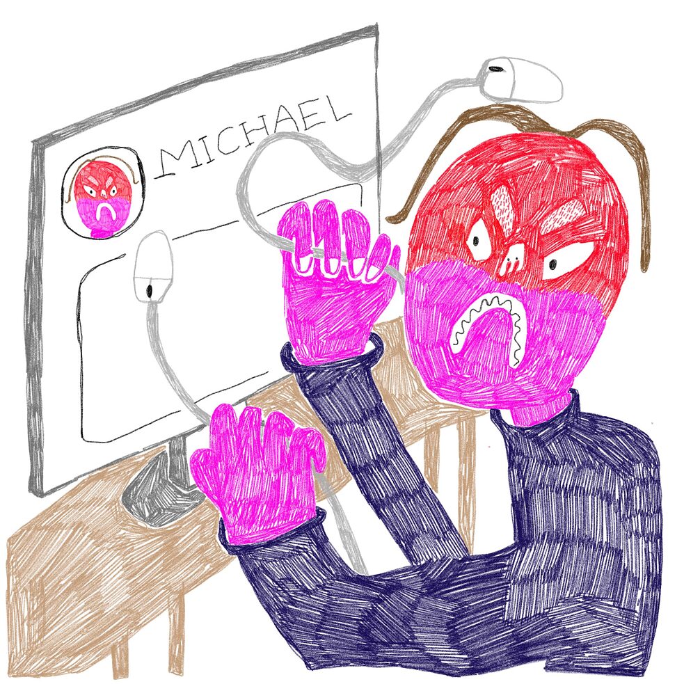 A person with an angry expression in front of a screen