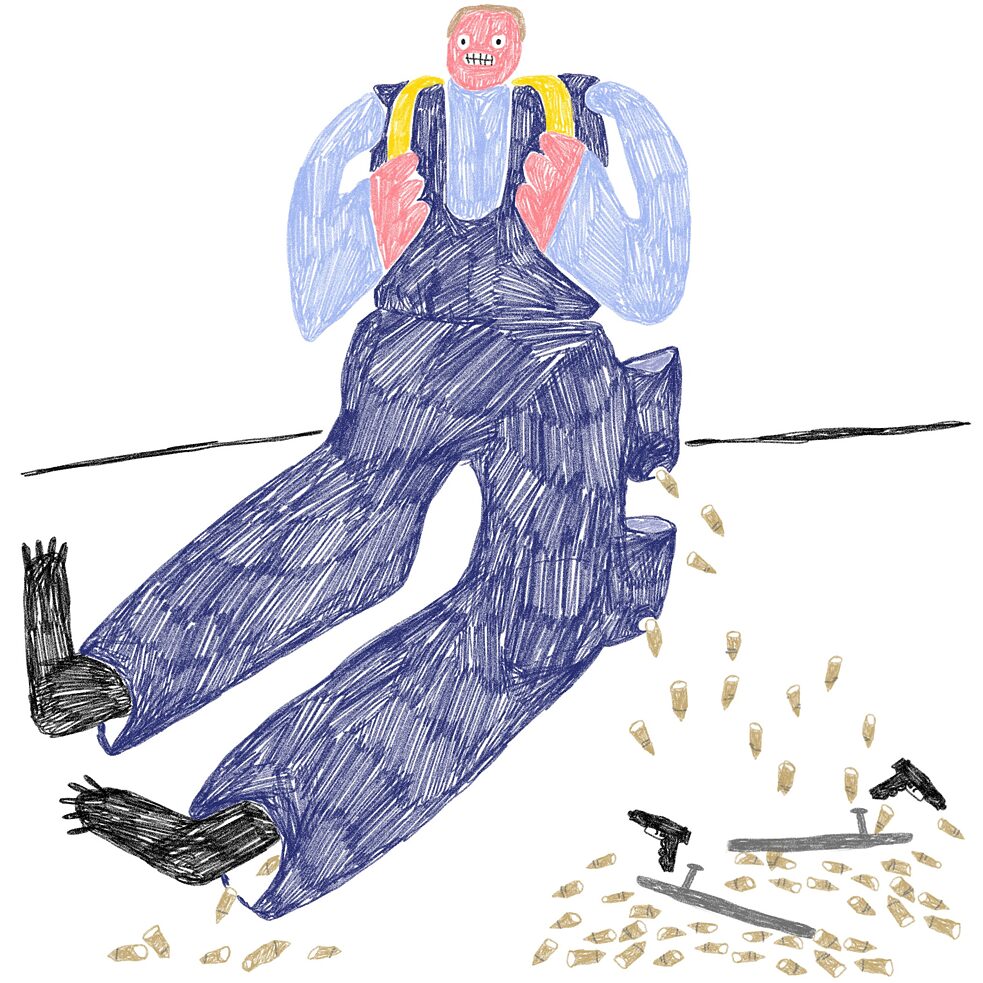 Man with protective waistcoat, next to him are a pistol and ammunition pellets