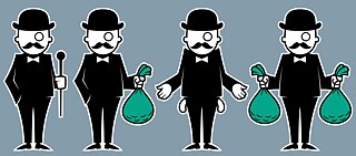 Four men in tails with top hats, monocles and money bags