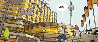 Spirou et Fantasio en mission à Berlin devant le Palast Hotel