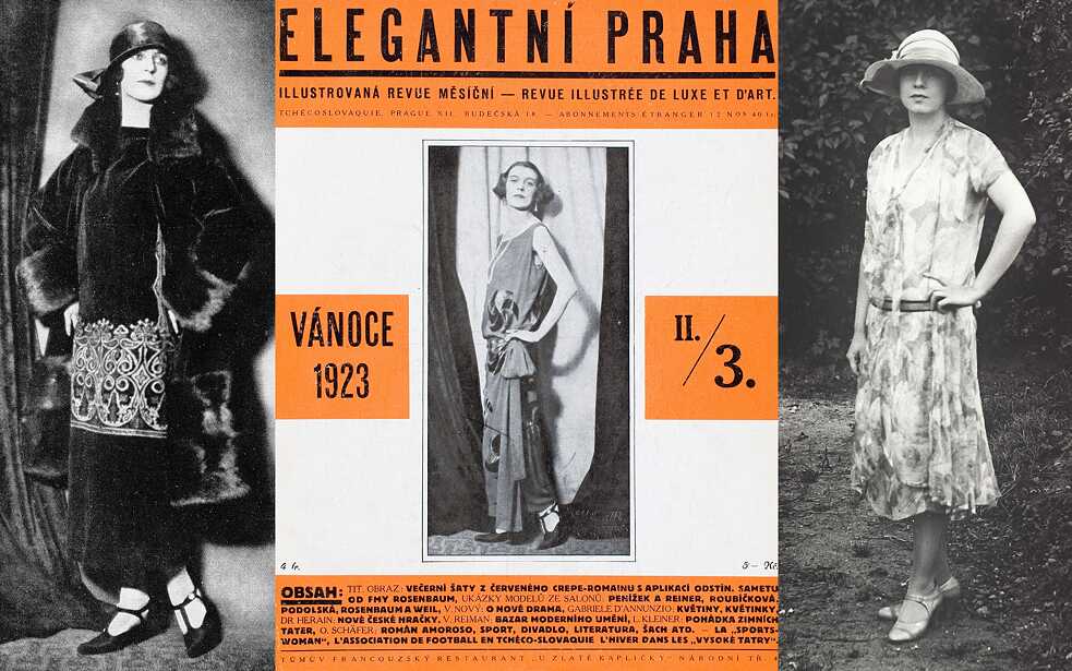 Pražská m´´oda v Kafkově době: Český krejčovský mistr Oldřich Rosenbaum vedl od 20. let 20. století v Praze módní salon Rosenbaum. V roce 1938 byl nucen emigrovat do USA, kde v New Yorku slavil stejné úspěchy jako v Praze: mezi jeho zákazníky patřil i americký prezident Harry Truman. Vlevo: Hedvika Mayerová, sestra Oldřicha Rosenbauma, v odpoledním kompletu, 1923, uprostřed: Hedvika Mayerová ve večerních šatech, 1923, vpravo: Marie Tilleová, cca. 1927.