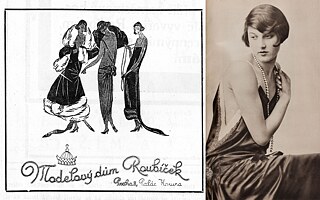 Der Prager Modesalon Roubíčková wurde 1909 von der Schneiderin Arnoštka Roubíčková gegründet, eine Meisterin im Aufspüren von Modetrends, die gerne nach Paris reiste, um sich inspirieren zu lassen. Links: Werbung für das Roubíček-Modellhaus, Zeichnung von 1923, rechts: Abendkleid aus Seidensatin, bestickt mit Strasssteinen, 1929