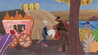 Eine Kutsche mit König und Königin, gestiefelte Katze, Kind im Wasser 