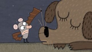  Großer schlafender Hund rechts, winkende Fledermaus links 