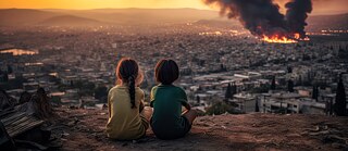 Zwei Kinder auf einem Hügel, die auf eine bombardierte Stadt hinabblicken.