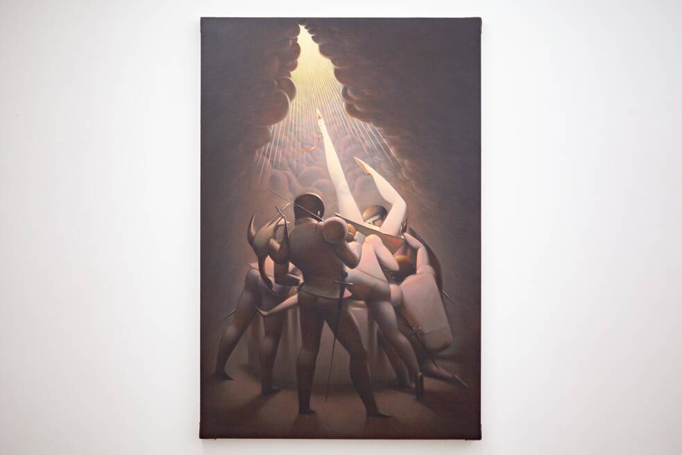 HdM 和维画廊 zeigte von Fan Jing 范婧: As You Like It 皆大欢喜, 23.9.–28.10.2023. Fan Jing 范婧: Death of the Swan 天鹅之死. 150x100 cm, Öl auf Leinwand, 2023.