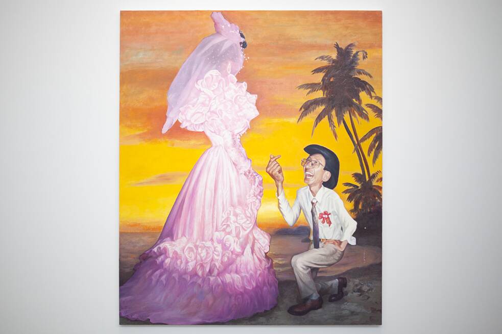 Galerie Urs Meile 麦勒画廊 zeigte von Wang Xingwei 王兴伟: Love Expert 恋爱砖家, 24.8.–29.10.2023. Wang Xingwei 王兴伟: Oedipus and the Sphinx (Proposal 1993) 俄狄浦斯和斯芬克斯（求婚1993）. 240x200 cm, Öl auf Leinwand, 2021.