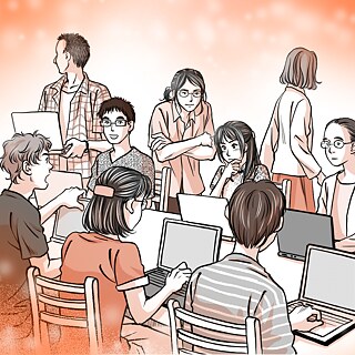 Der Erfahrungsaustausch über den Umgang mit Fehl- und Desinformation kann inspirieren. Das Bild zeigt eine Gruppe von Menschen, die an ihren Laptops arbeiten. Illustration: Yukari Mishima.