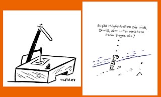 Selbstportrait von Nicolas Mahler am Schreibtisch und: "Es gibt Möglickeiten für mich, gewiß, aber unter welchem Stein liegen sie?"