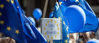 Plakat mit einem Schild "United in Diversity"