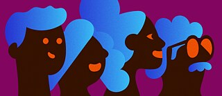 Illustrazione: quattro persone su sfondo viola