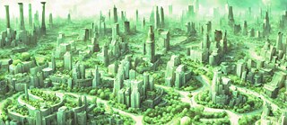 Illustration is showing a green mass of various high-rise buildings surrounded by parks. 