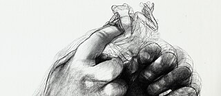 Zeichnung: ein kleiner Frosch klettert auf den Fingern einer menschlichen Hand
