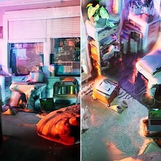 Collage de dos recortes fotográficos, cada uno mostrando el interior de un apartamento tomado con un escáner 3D pasado por un filtro de color.