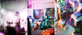 Collage de tres recortes fotográficos, cada uno mostrando el interior de un apartamento tomado con un escáner 3D pasado por un filtro de color.