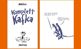 Cover of “Komplett Kafka” and drawing for “Der Process”
