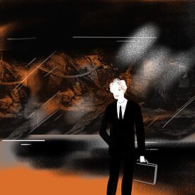 Герой роману стоїть на фоні будівлі. Ми не бачимо його обличчя, вона наче стерте. 