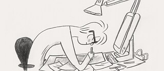 Bleistiftzeichnung Mann am Schreibtisch und zeichnet selbst