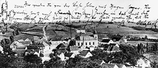 Celkový pohled na Siřem na pohlednici Ottly a Franze Kafkových Maxi Brodovi, 20. září 1917