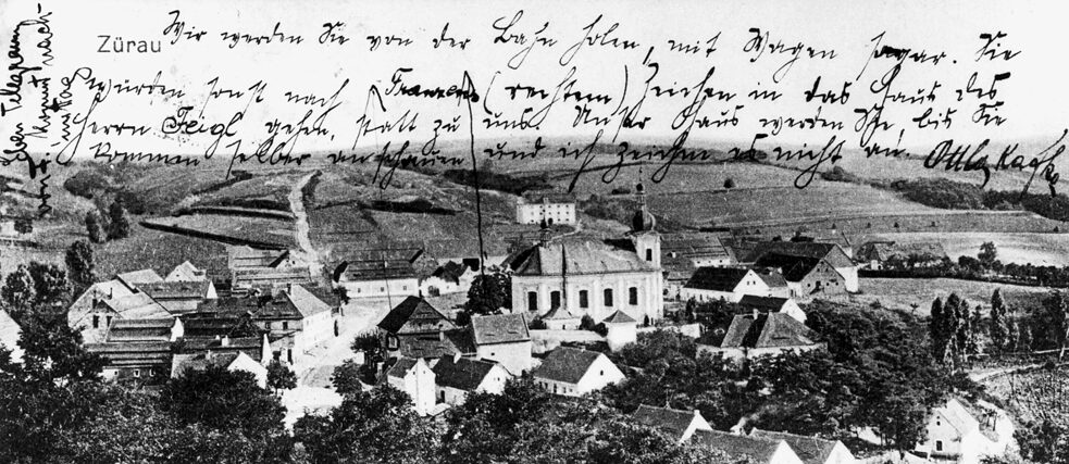 Gesamtansicht Züraus auf einer Postkarte Ottla und Franz Kafka an Max Brod, 20. September 1917