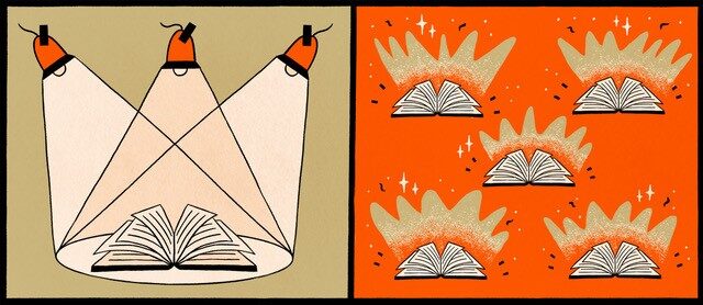 Illustration, on the left-hand side you can see an open book against a beige background, illuminated from above by three spotlights. On the right-hand side, the same motif is smaller and can be seen five times on a bright orange background.