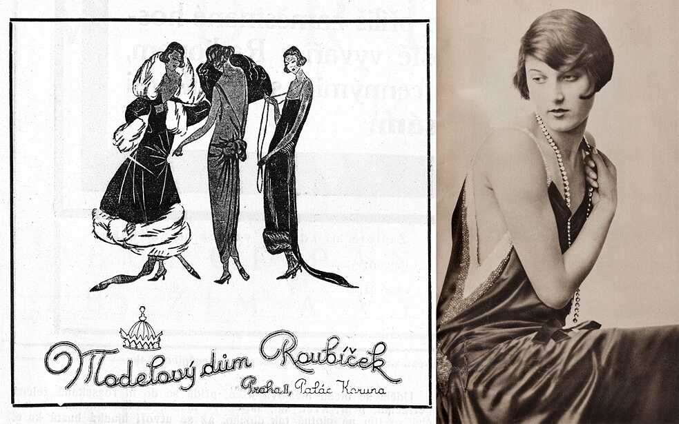Der Prager Modesalon Roubíčková wurde 1909 von der Schneiderin Arnoštka Roubíčková gegründet, eine Meisterin im Aufspüren von Modetrends, die gerne nach Paris reiste, um sich inspirieren zu lassen. Links: Werbung für das Roubíček-Modellhaus, Zeichnung von 1923, rechts: Abendkleid aus Seidensatin, bestickt mit Strasssteinen, 1929